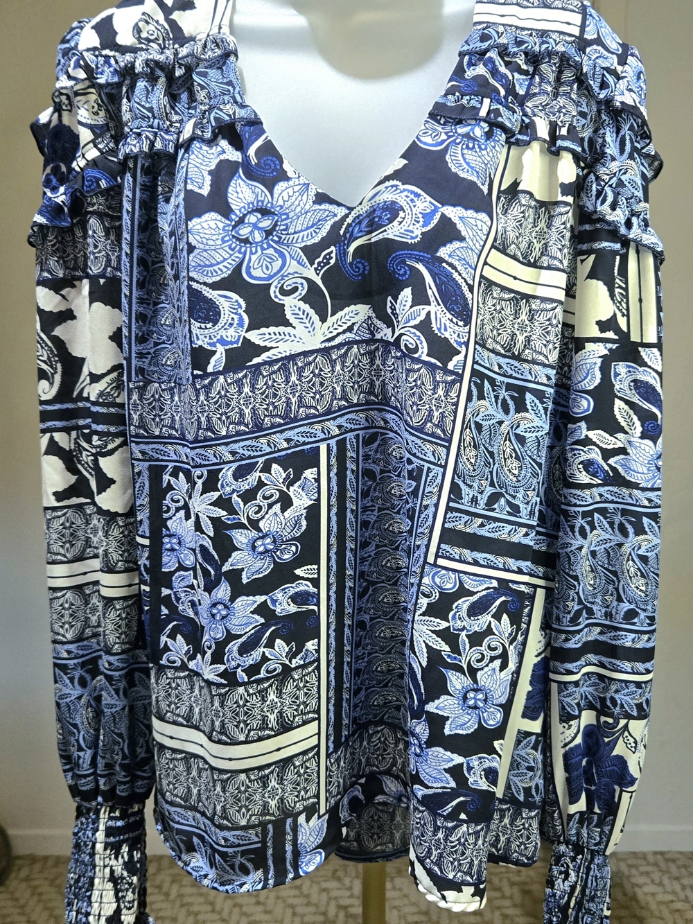 Sunny Leigh Navy and White Floral V-Neck Blouse